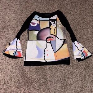 Abstract artwork print blouse with bell sleeves